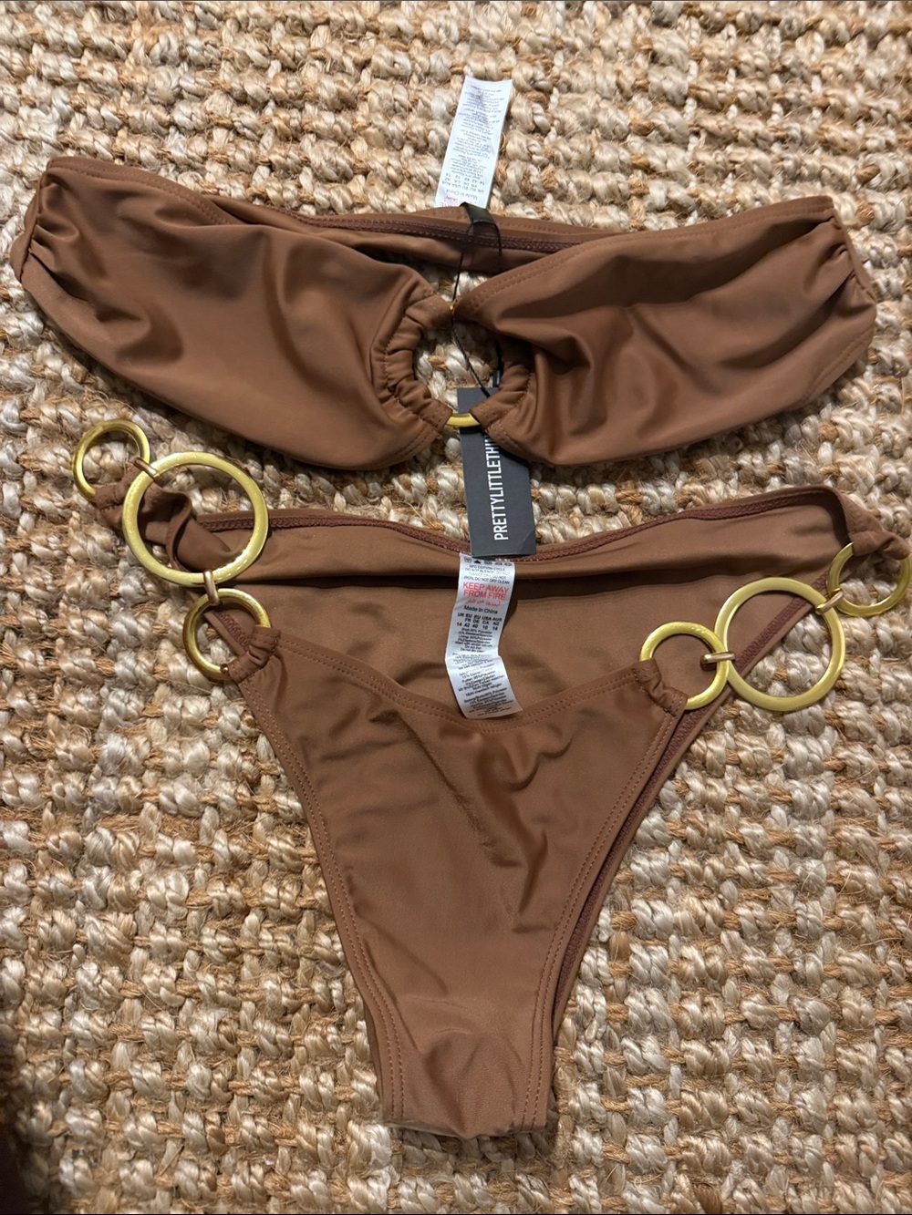 PrettyLittleThing Chocolate Brown Ring Detail Bandeau Bikini
